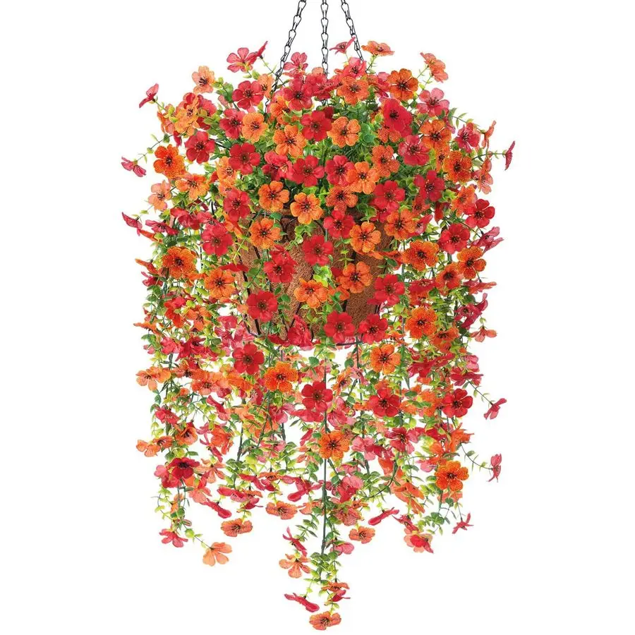

Fake Hanging Flowers with Basket Outdoor Summer Decoration, Fake Mums Silk Daisy Flowers Planter Eucalyptus Realistic UV Resista