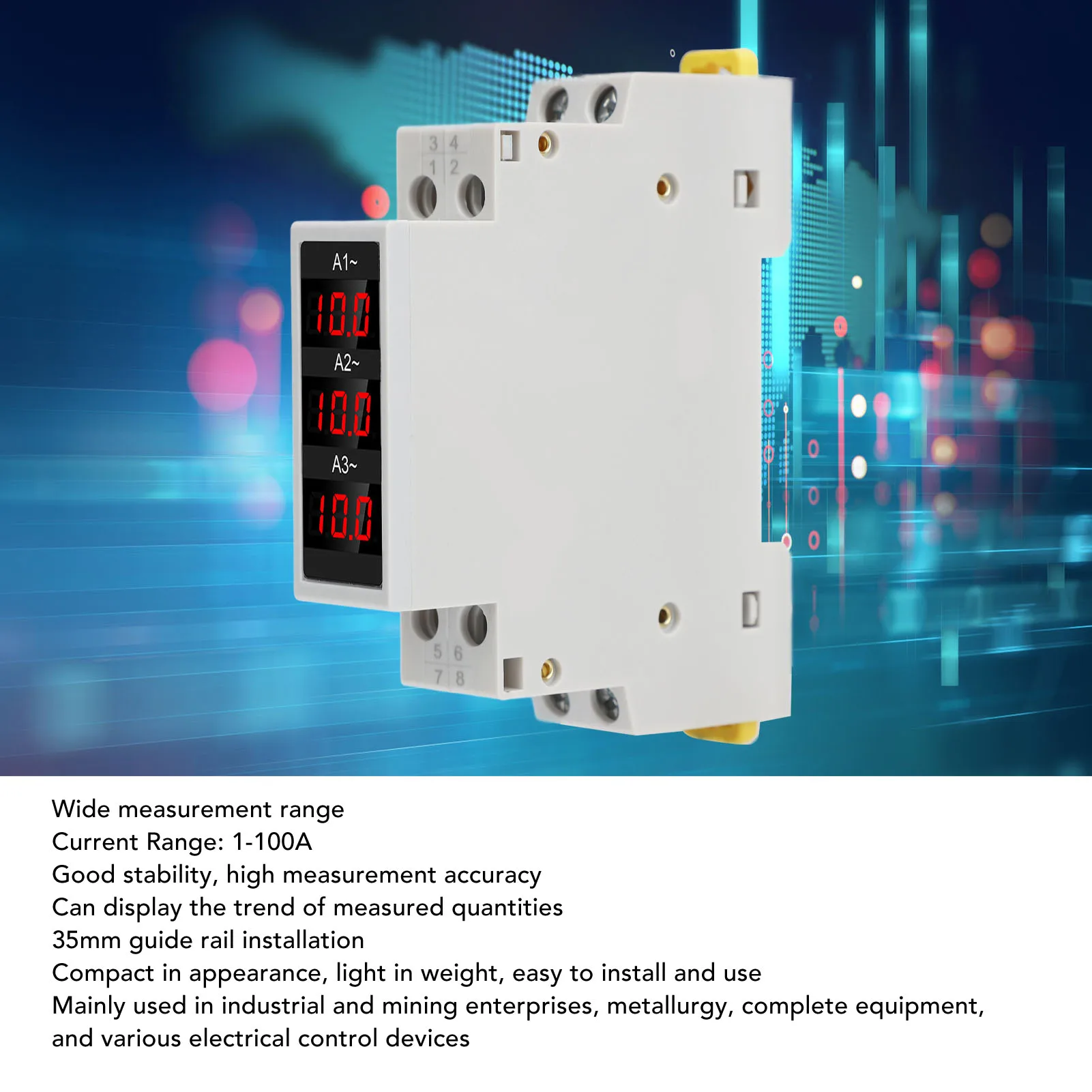 3 Phase DIN Rail Ammeter LED Digital Display High Accuracy Amp Meter with 3 Sensors AC80‑500V 1‑100A 3 Phase Ammeter Ammeter