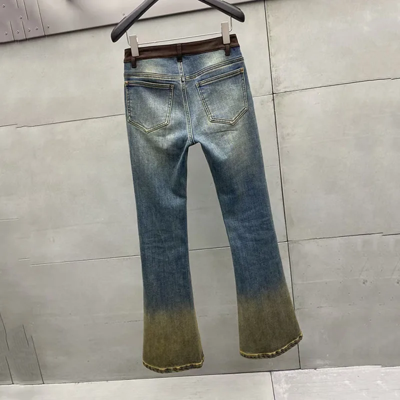 Damskie jeansy patchworkowe, spodnie dzwony barwione metodą fade-dye, wysokiej jakości pogrubione spodnie slim-fit, 2025, zima, nowość, Y2K
