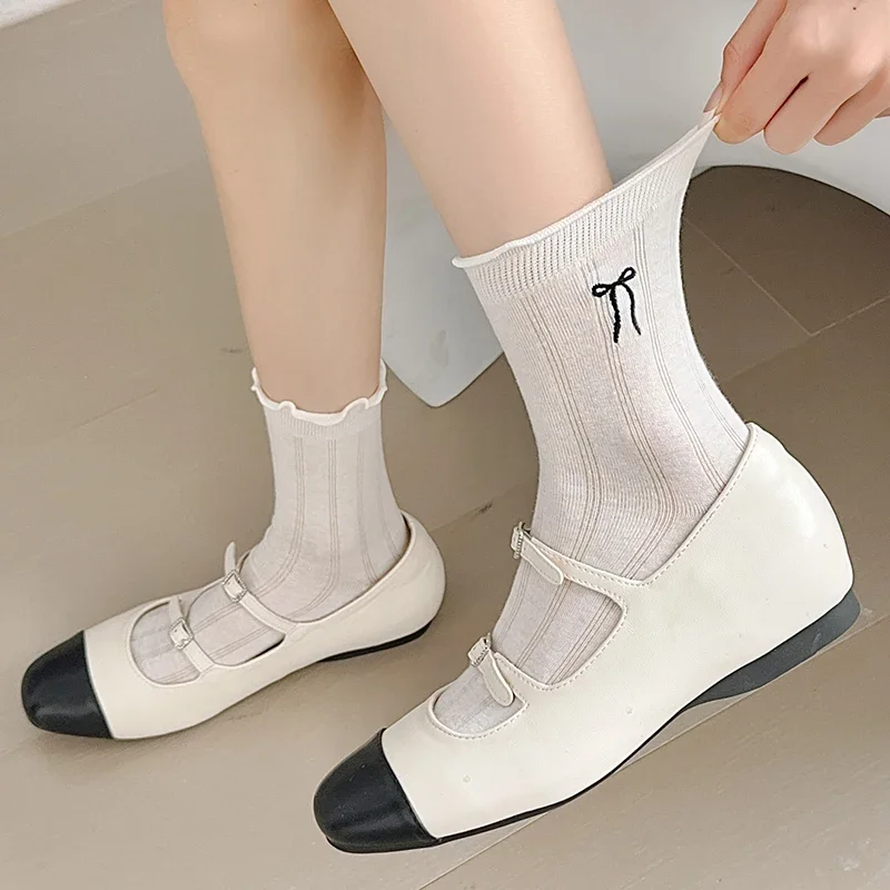 3 Pairs/Lot Woman Socks Set New Fashion Solid Color Embroidery Socks Bow Simple Style Breathable Frilly Ruffle Socks Girls Thin