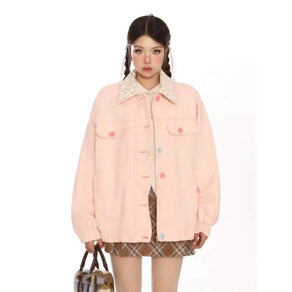 

Loose Women's Pink Floral Denim Jaet Original Design Casual Korean Sle Bamboo Cotton Polyester Fiber ort Sve Hooded