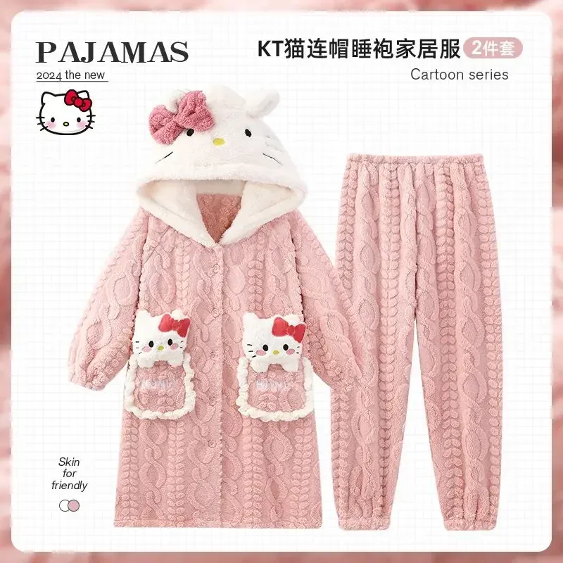 Sanrio Hellokitty Coral Velvet Pajamas Female 2024 Winter New Thickened Plush Homewear Suit Robe Two-piece Anime Pajamas