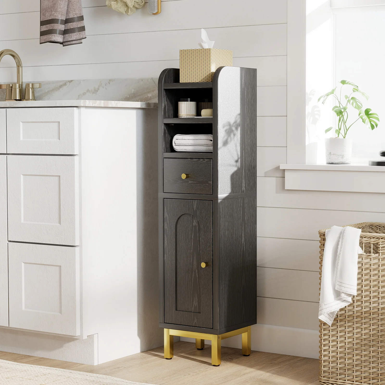 

Bathroom Storage Cabinet Modern Corner Floor Cabinet Small Storage Organizer Stand with Drawer and Door Adjustable Shelf Black