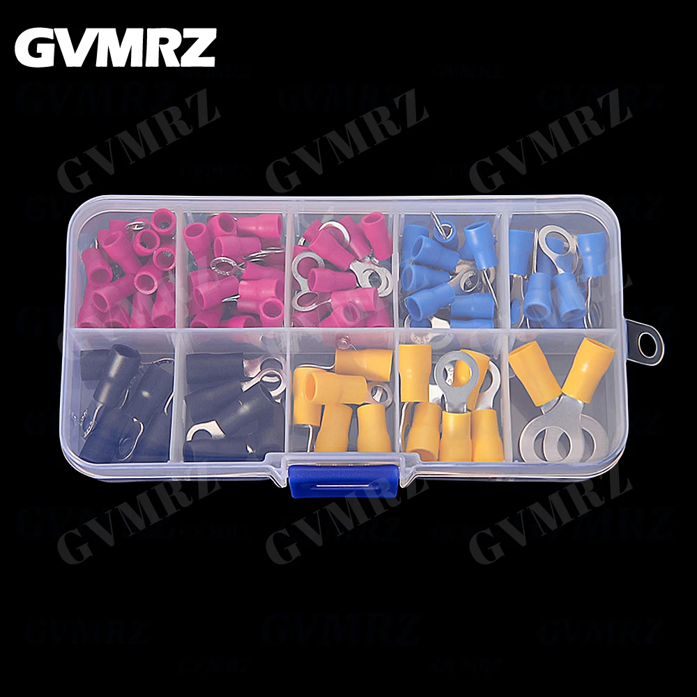 102PCS RV1.25 RV2 RV3.5 RV5.5 Insulated Electrical Wire Cable Connectors Ring Lugs Crimping Terminals Kit Red Yellow Black Blue
