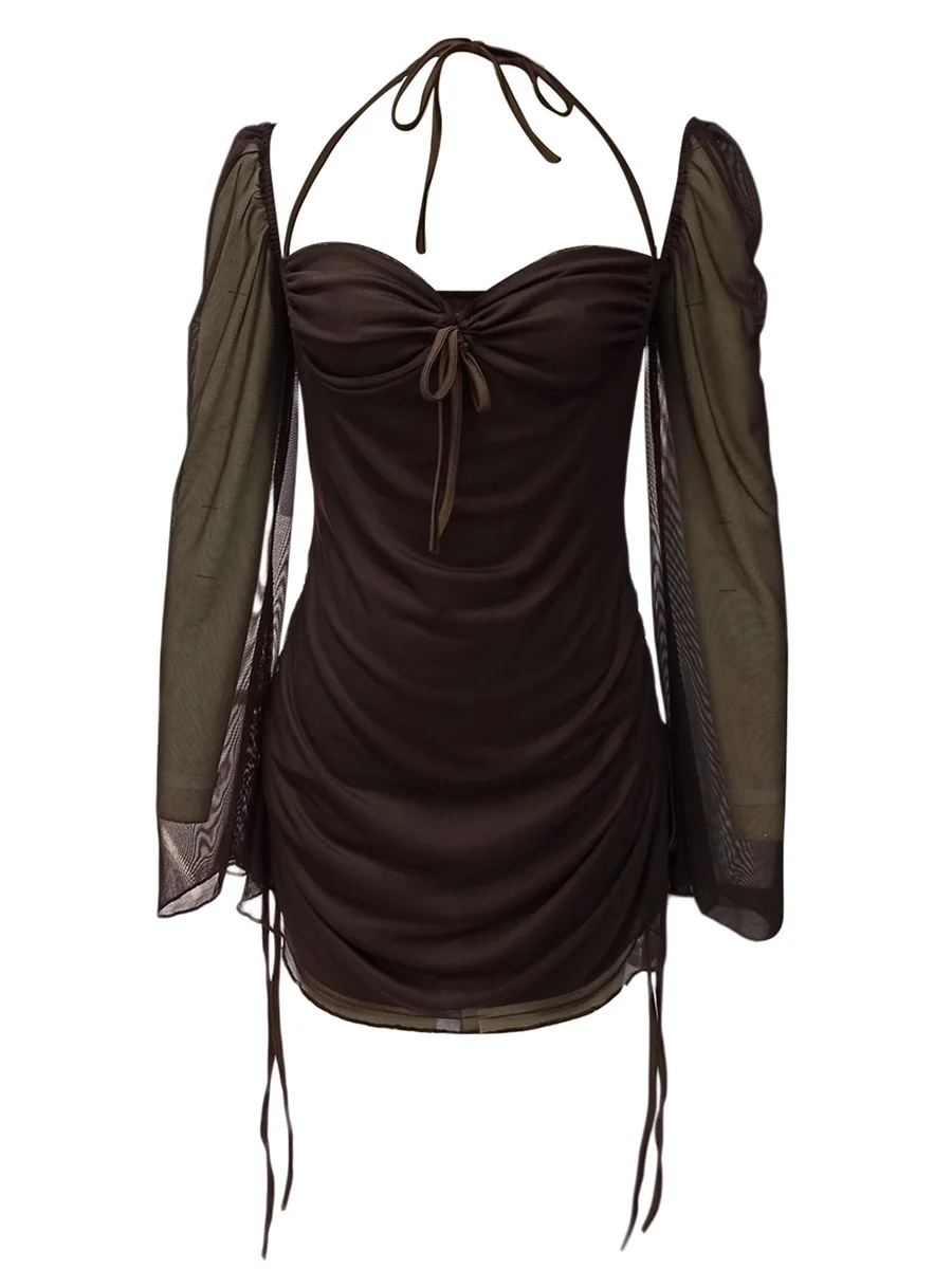 المرأة طويلة الأكمام الرباط مطوي الرسن الرقبة فستان قصير أنيق الصلبة الوردي البني فستان قصير