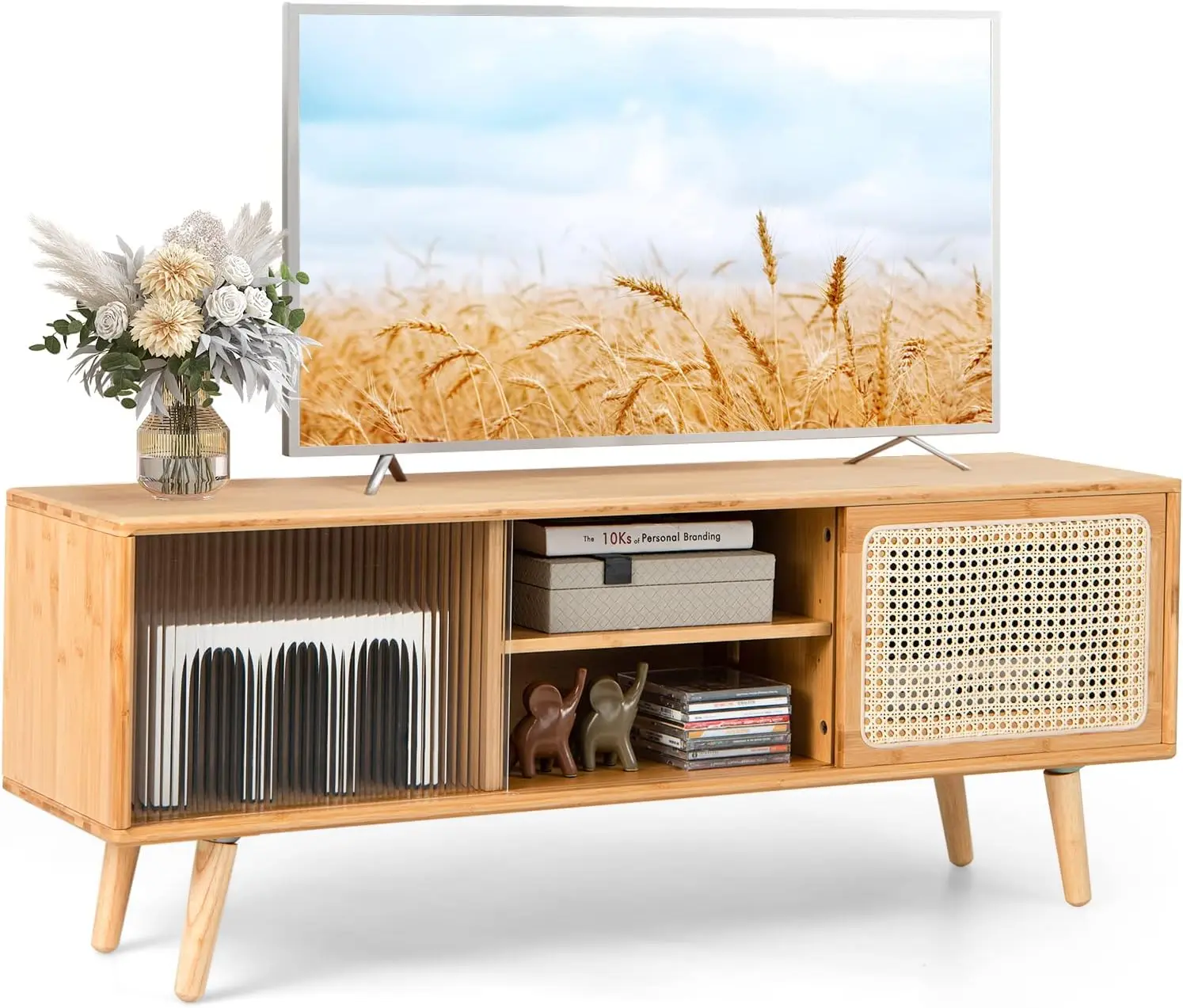 

Mid Century Modern Stand for TVs up to 55",Bamboo Entertainment Center w/PE Rattan&Tempered Glass Sliding Doors,Adjustable Shelf