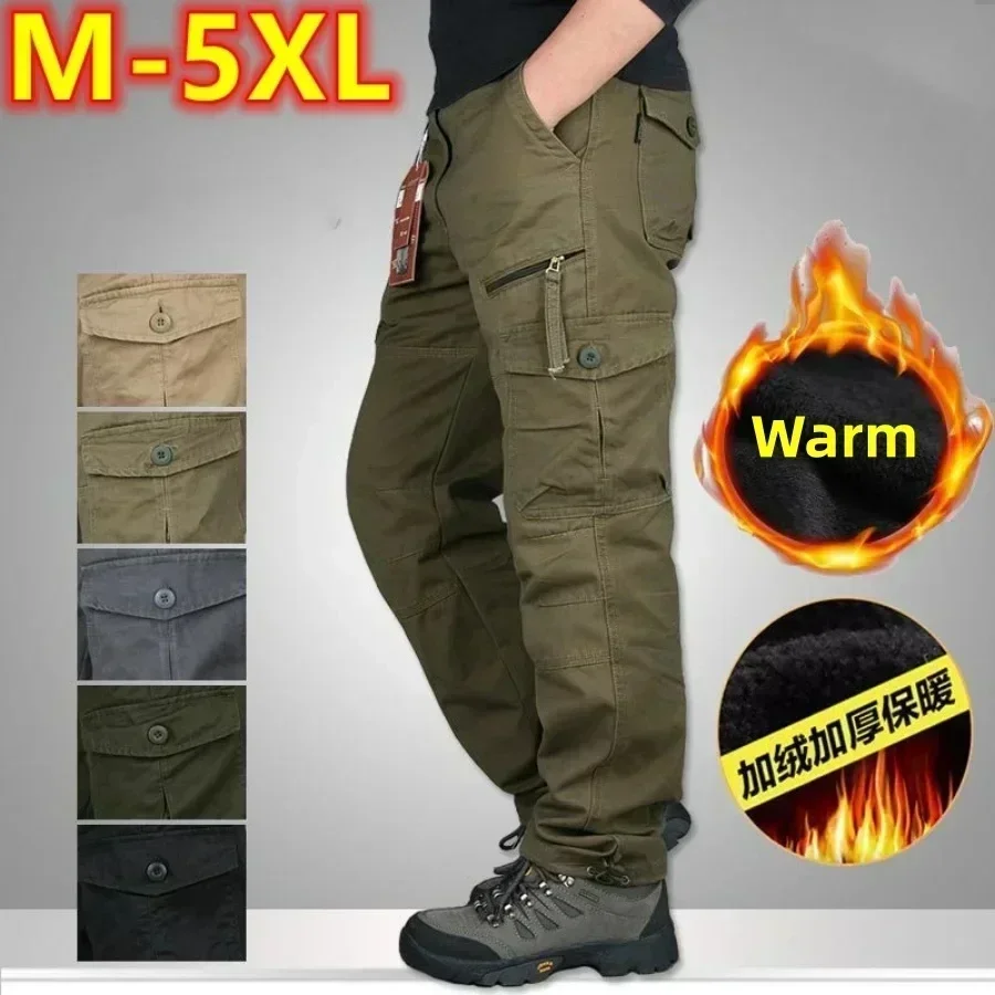 New 2025 Men's Warm Fleece Cargo Pants Solid Winter Thick Military Camouflage Tactical Cotton Long Trousers Men Casual Pants 5XL