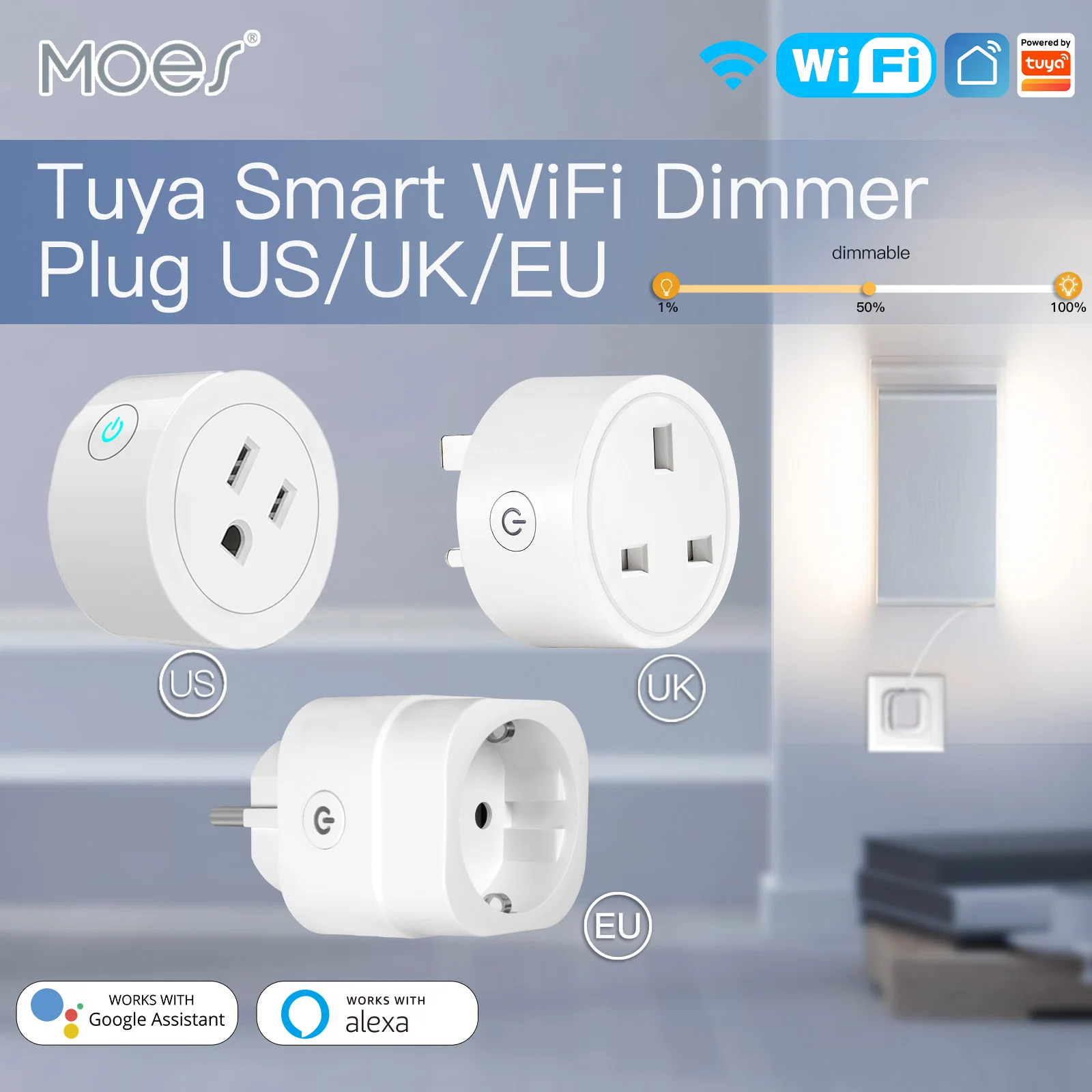 

MOES WiFi Smart Power Socket Plug Brightness Adjust Timer For Tuya Smart Life App,Amazon Alexa Google Voice Control EU/UK/US