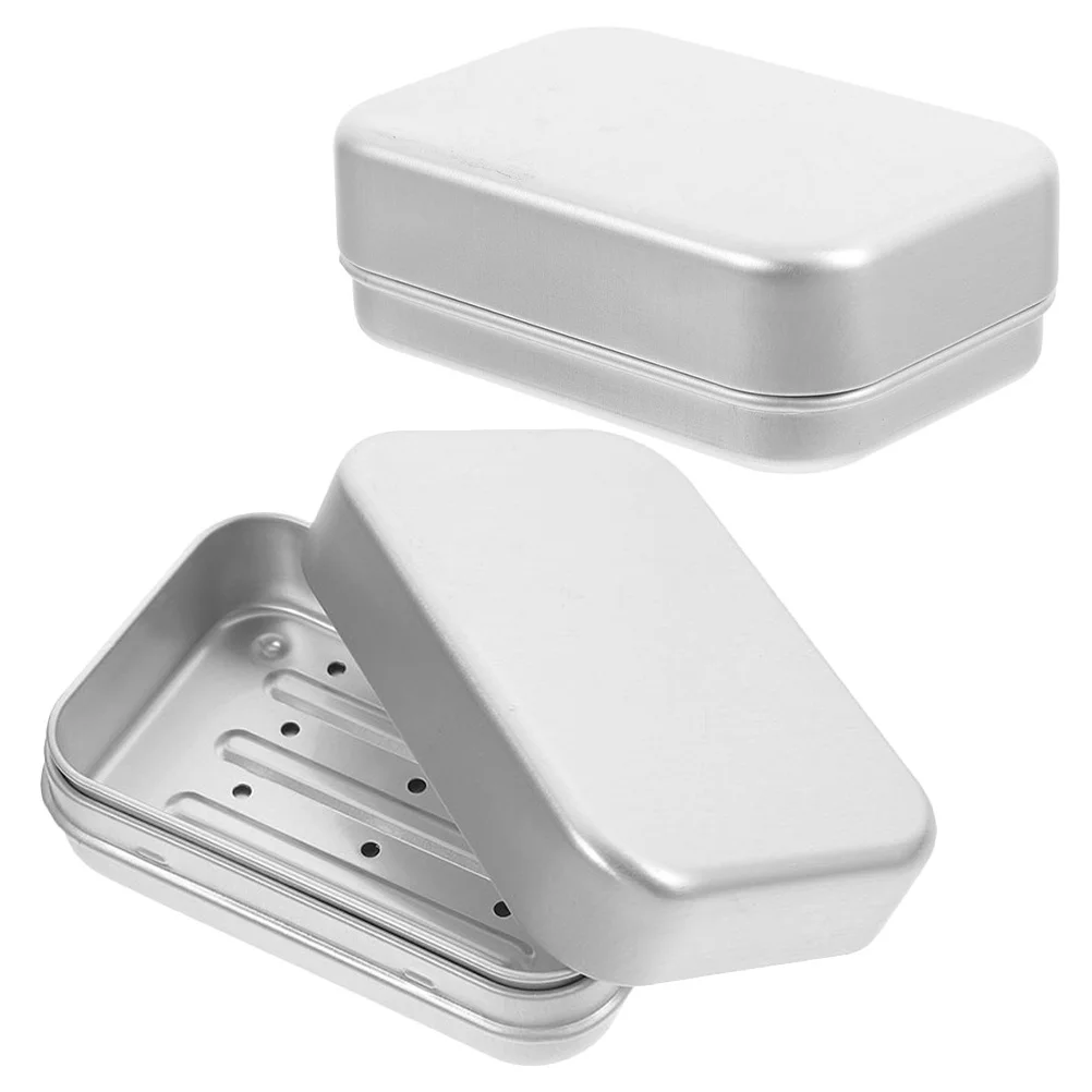 2Pcs Self Draining Soap Dish Aluminum Large Rectangular Dual Layer Soap Box Lid Portable Travel Bathroom Storage Case