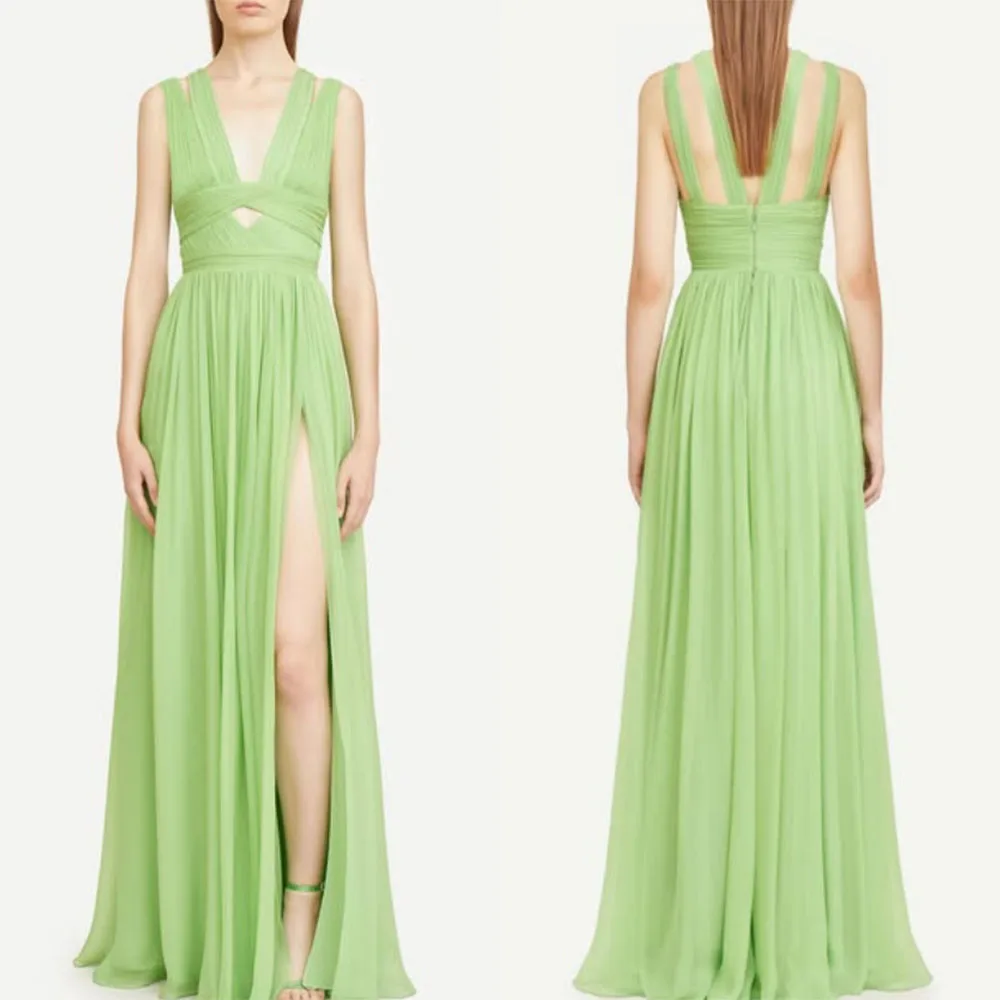 

High Quality Customized Floor Length Sleeveless Pleat High Fork Green Long Dresses Vestidos De Fiesta Para Bodas Prom Dresses