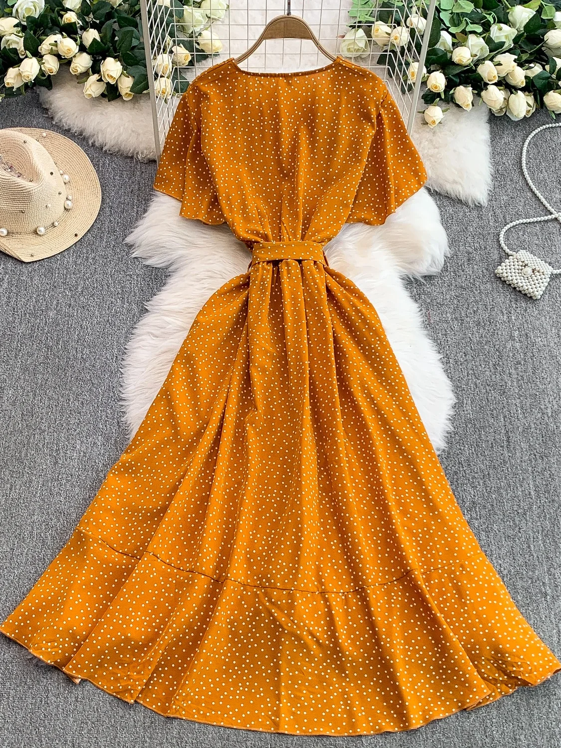 Zomer Polka Dot V-ne ort Sve vrouwen Dr Belted Taille Afslanken Asymmetrische Zoom Maxi Rok Koreaanse Sle Pendelen