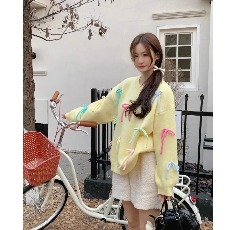 Pull rose avec nœud au dos, nouveau Style, automne et hiver, tricoté au dos, style coréen, à la mode et doux, haut de Style français