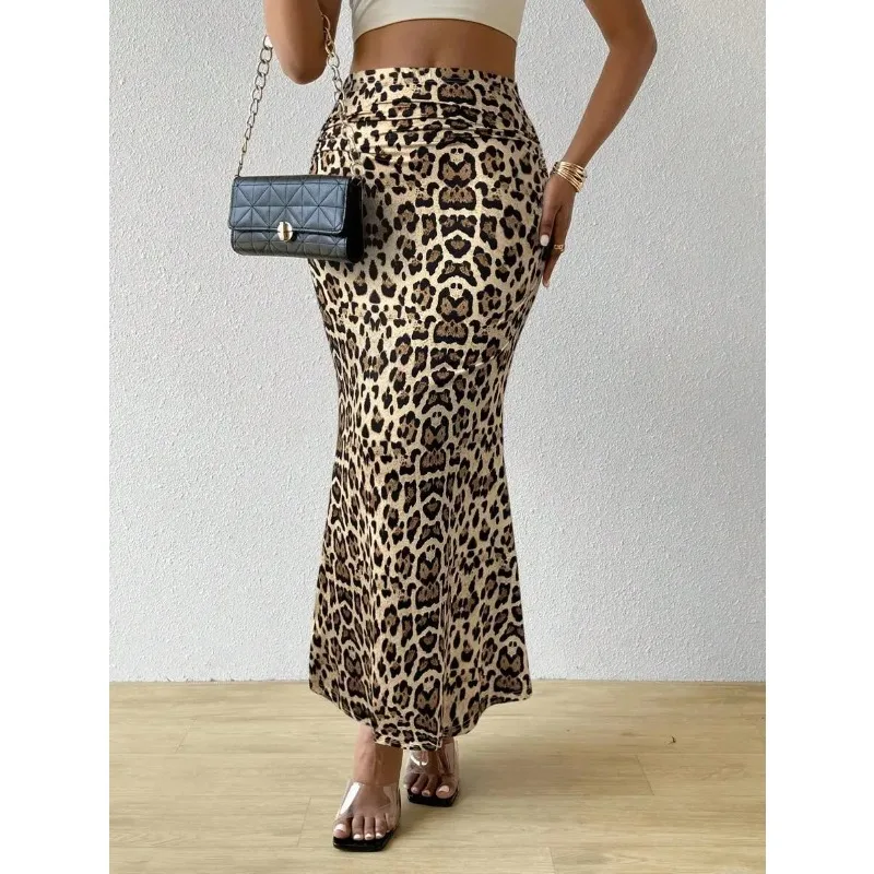 Summer Women Abstract Print Maxi Skirt High Waist Ruched Bodycon Long Skirt Elegant Party Club Evening Pencil Skirt