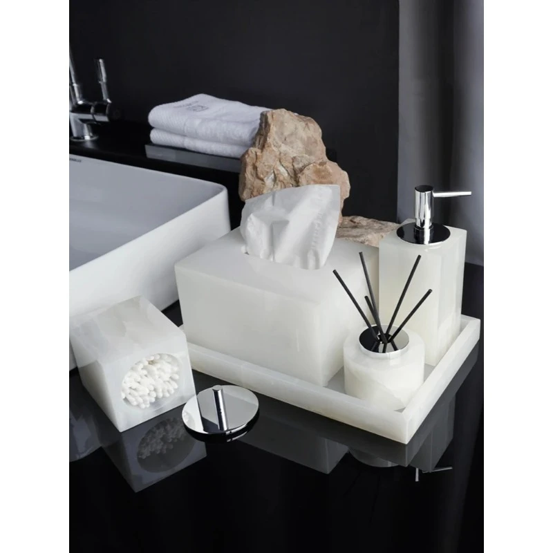 

Роскошный комплект для ванной комнаты из белого оникса | Дозатор мыла из натурального камня, лоток-держатель для ватных тампонов | Мраморные аксессуары для ванной комнаты Декор