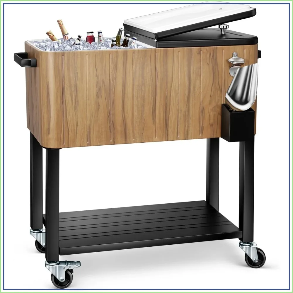 80QT Rolling Cooler Cart with Wheels, Stand Up Ice Chest Trolley for Party, Outdoor Drink Bar with Serving Tray & Ice Scoop