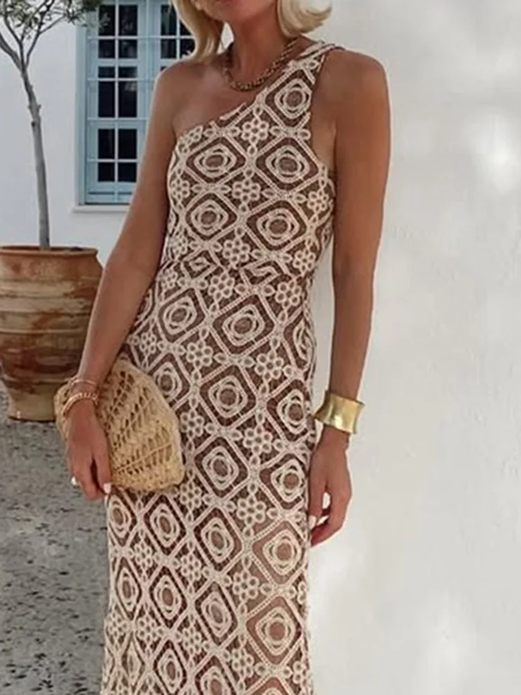 Abito lungo da donna alla moda senza schienale Abito lungo sexy con scollo a barchetta in pizzo scollato Abito aderente estivo senza maniche trasparente Abito da sera sottile