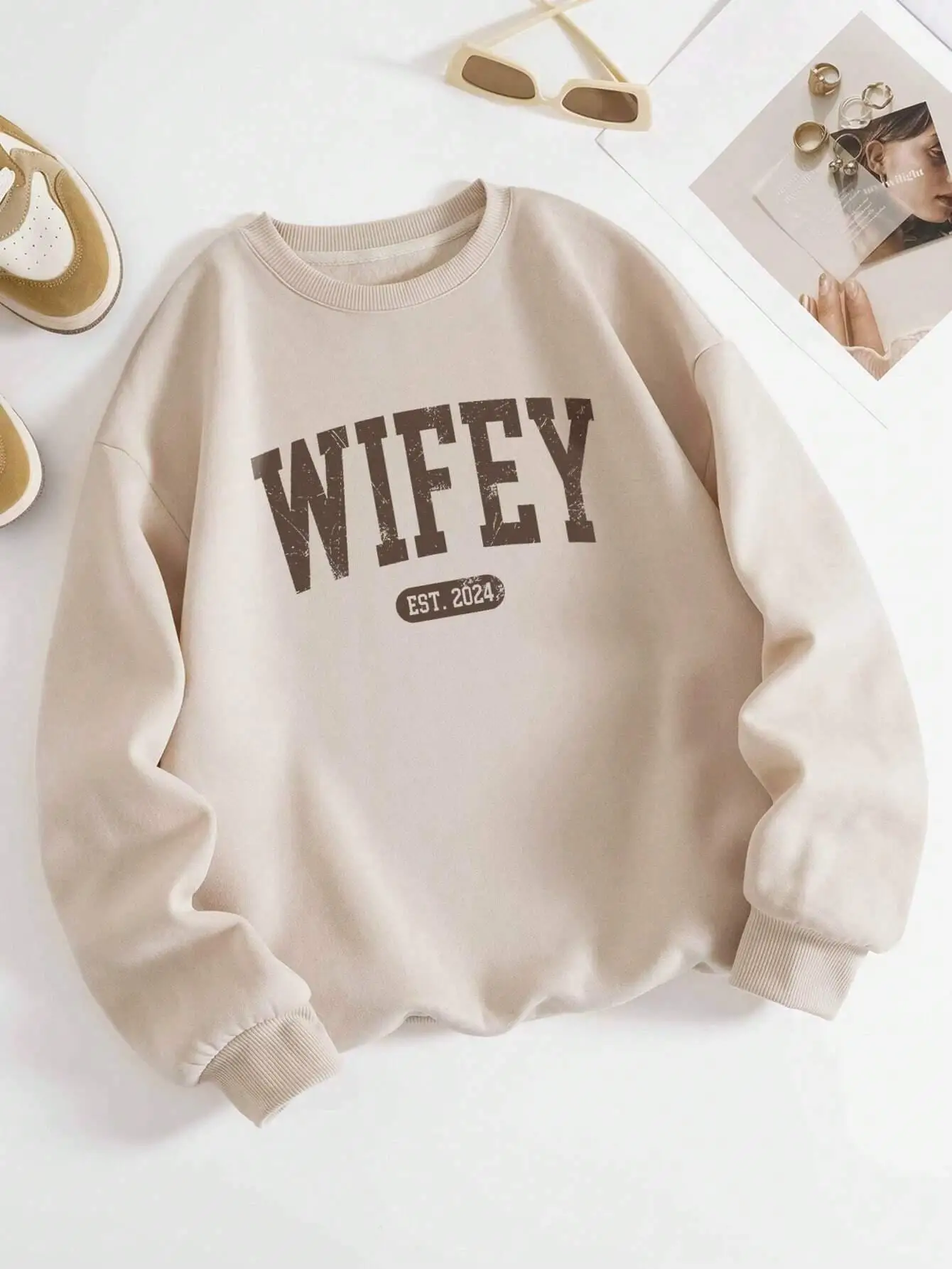 Street Casual Damen Pullover mit „Wifey“-Aufdruck, warmer, weicher Kapuzenpullover, lockerer Rundhals-Fleece-Pullover, Damenbekleidung – Detail 8