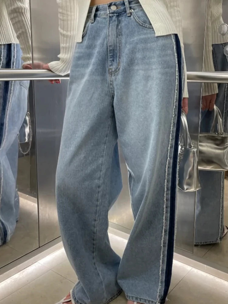

Faionable High Waist Wide Leg Jeans Side Slit Frayed Loose Fit Casual Blue Denim Pants Korean Sle Long Straight Pants
