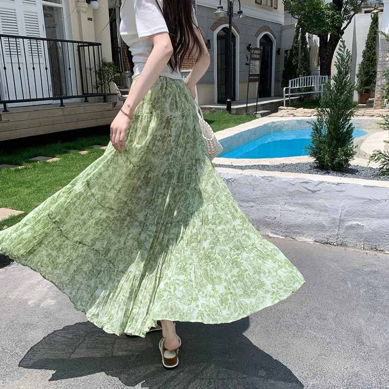 Country Style Green Floral Print Chiffon Splice Pleated Half Skirt Women's Holiday Style Draped A-Line Cake Long Skirt