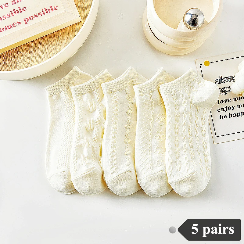 Chaussettes courtes rayées en coton pour femmes, chaussettes courtes de rinçage, chaussettes de bateau courtes, chaussettes respirantes, dessin animé, fleur, mignon, printemps, été, 5 paires