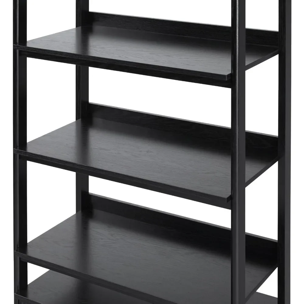 Modern Reeded 4-Shelf Bookshelf Bottom, 33 Inch, Two-Drawer Black