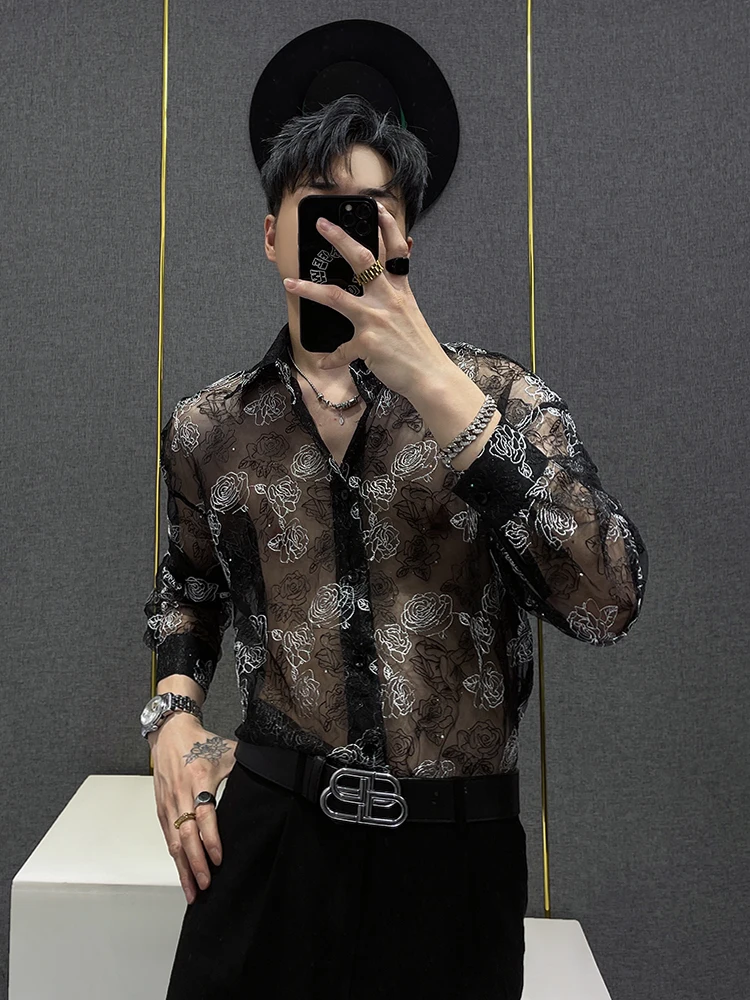

Men's Floral Mesh Shirt Long Sleeve Breathable Summer Sun Protection Outerwear Layering Versatile Shirt Korean High-End Style