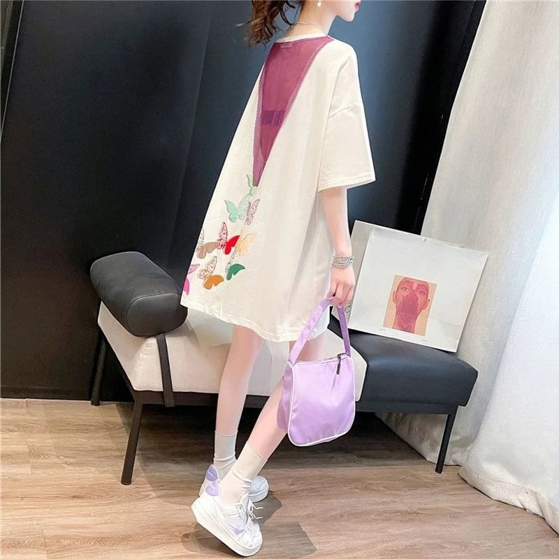 

Женская футболка с открытой спиной, кружевными вставками и коротким рукавом, модная новинка лета 2026, средней длины, свободного кроя