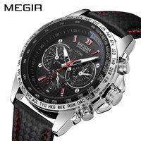 2023 MEGIR Sport Mens Watches Top Brand Luxury Quartz Men Watch Fashion Casual Black PU Clock Men Big Dial Erkek Saat 1010