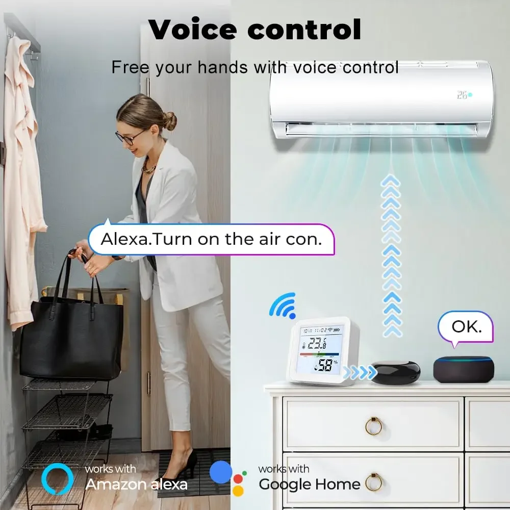 Tuya 2,4G WiFi Bluetooth sensor inteligente de temperatura y humedad con pantalla LCD retroiluminada grande alerta de aplicación alertas de notificación