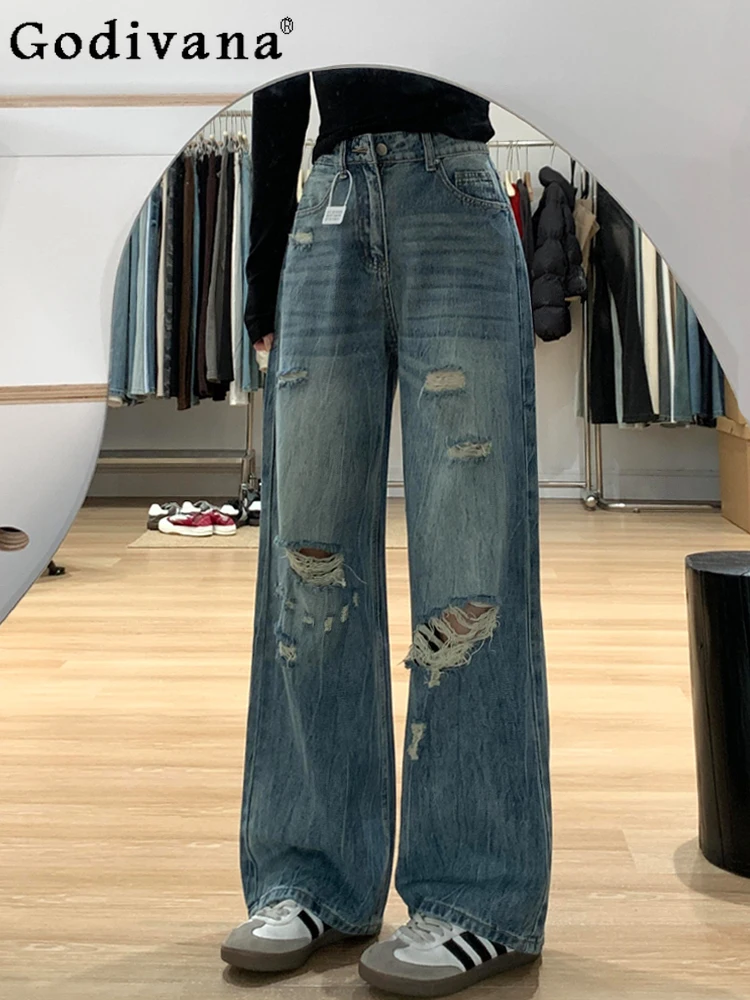 

Large Size 2XL-6XL Women's New Retro Ripped Wide-leg Jeans Temperament High Waist Leisure Fashion Korean Loose Straight Trousers