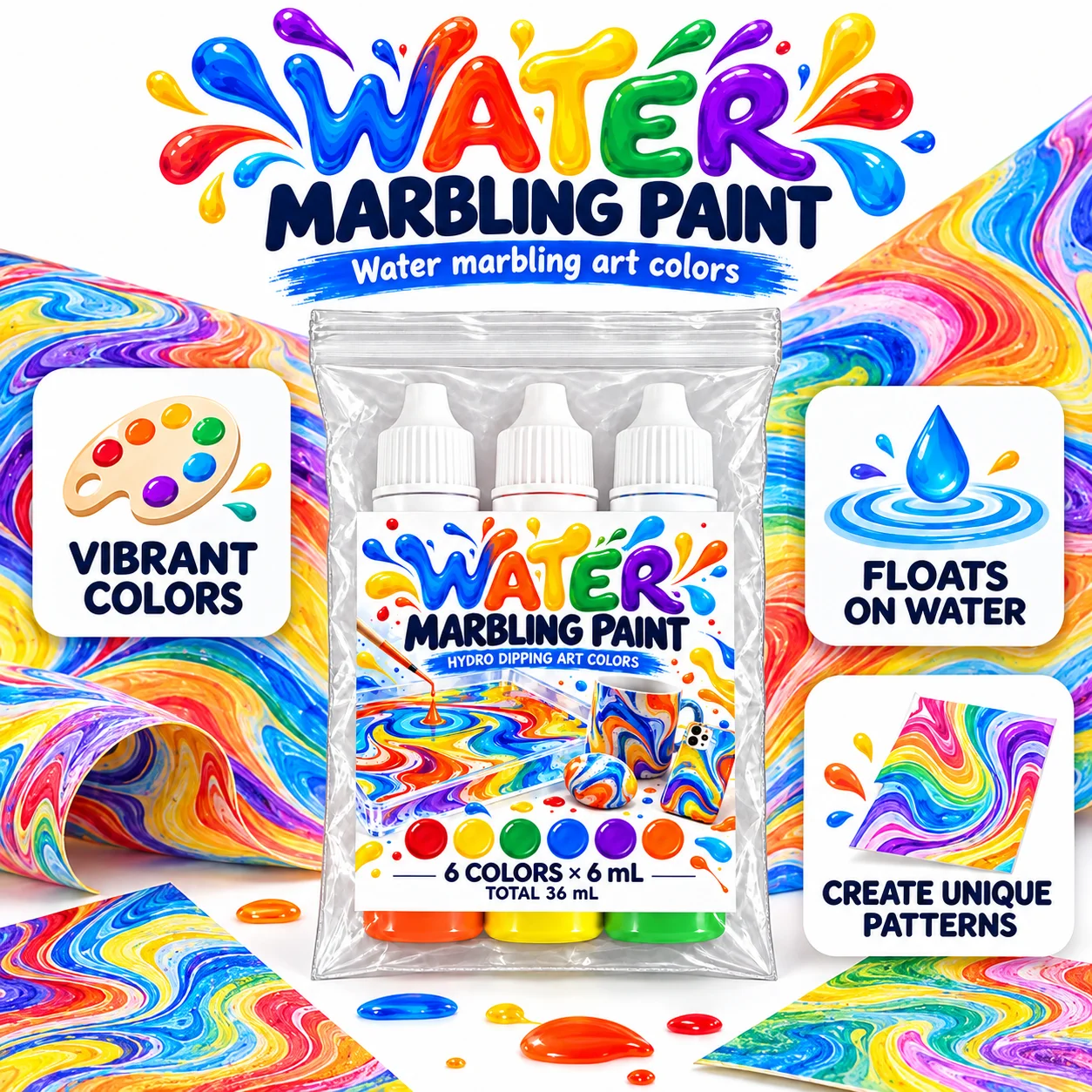 Water Marbling Art Paint for All Ages/Creates Unique Patterns on Paper, Ceramics, Shoes, Fabrics Scarf, Cloth Bags