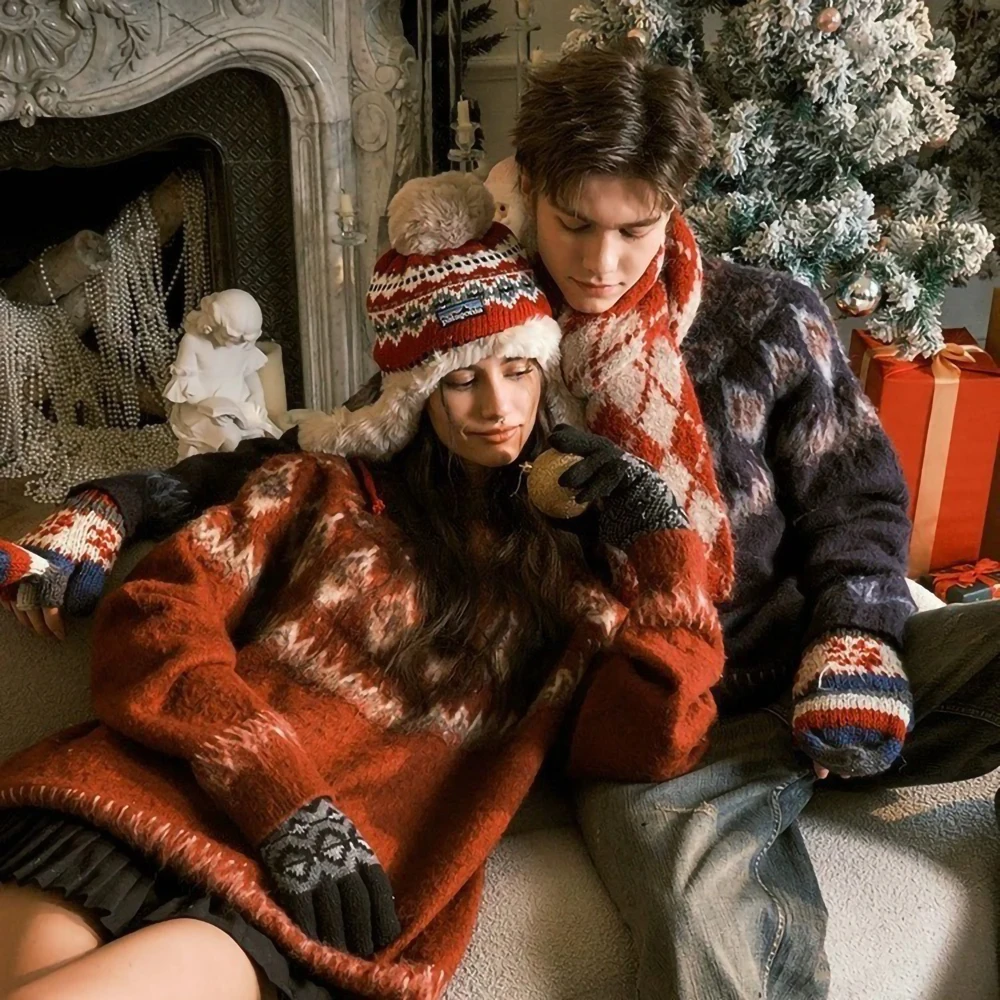 

Nordic Style American Retro Knitted Sweater Casual New Year Couple Clothing Men Women Autumn Winter Fashion Christmas Pullover