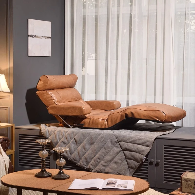 Luxury imported first-layer cowhide single folding leather chaise longue sofa bay window small apartment lazy chair