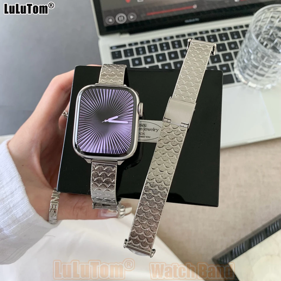 

Luxury Wave Strap for Apple Iwatch Series 11 10 9 8 7 6 5 4 3 2 1 SE Ultra Stainless Steel Watch Band 38 40 41 42 44 45 46 49 mm