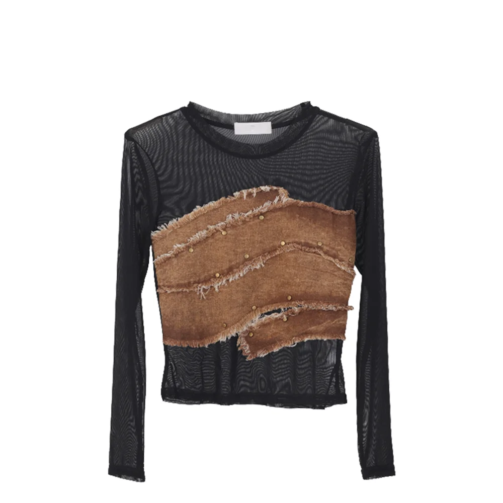 Vintage Mesh Denim Patchwork Design Round Neck Womens Top Fitted Silhouette Long Sleeve Top Studded Design Tee Womens Clothing