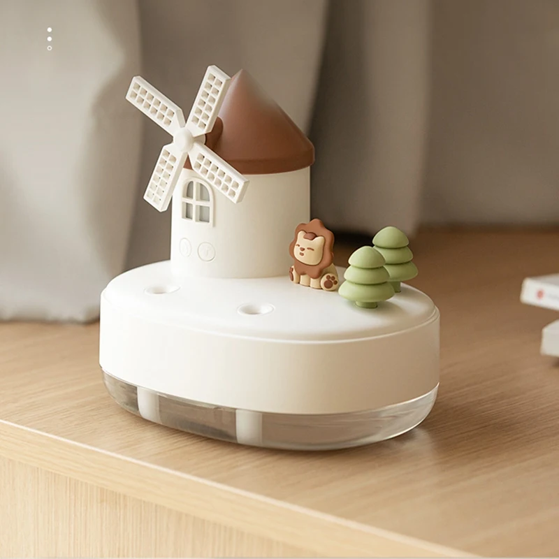 Umidificador Windmill com caixa de música e luz noturna, Mini Desktop Cute Pet Umidificador, Umidificador Névoa Fresca