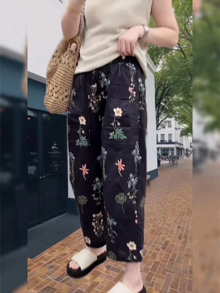 레트로 플로럴 프린트 캐주얼 팬츠 여성 여름 신상 큰 사이즈 작은 체형에도 잘 어울리는 멋진 린넨 와이드 레그 작은 꽃무늬...