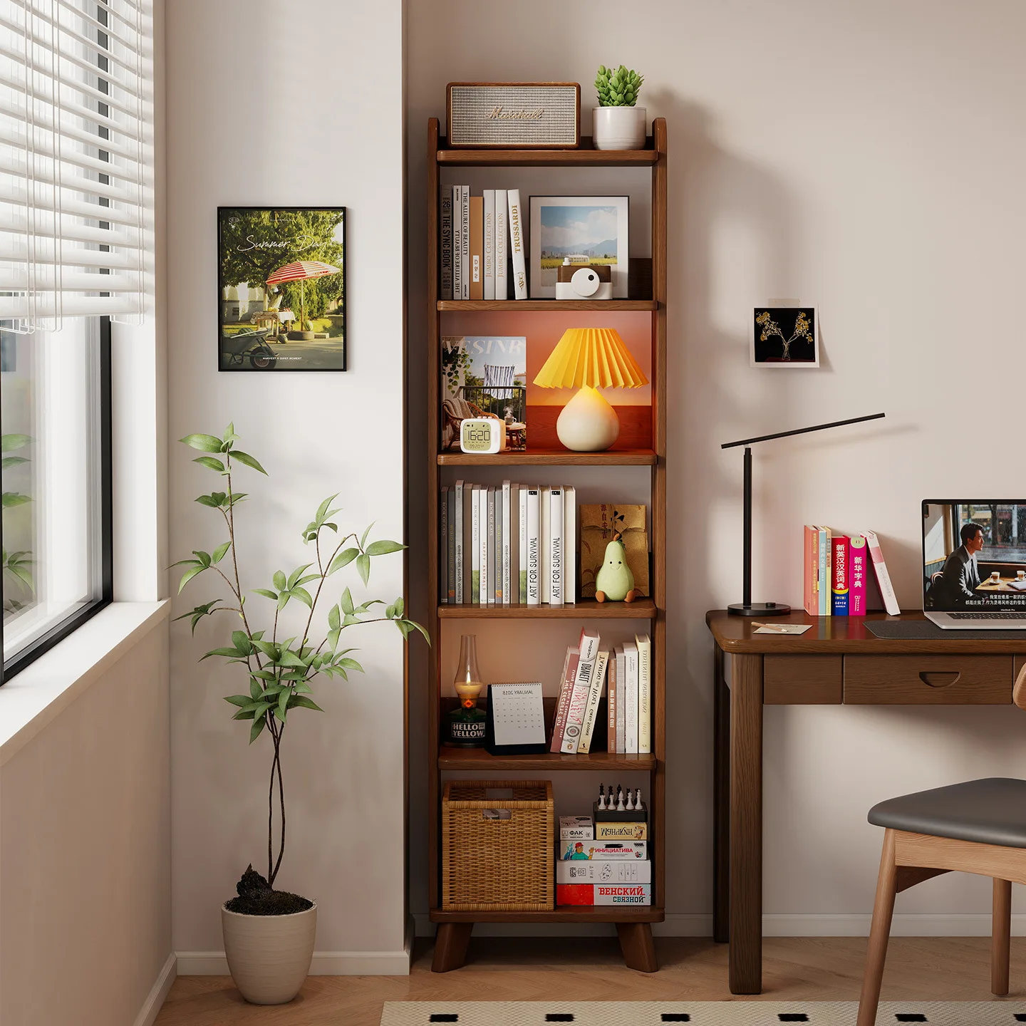 Solid wood narrow bookcase floor-to-ceiling integrated shelf, household living room corner seam storage rack, wall bookshelf can