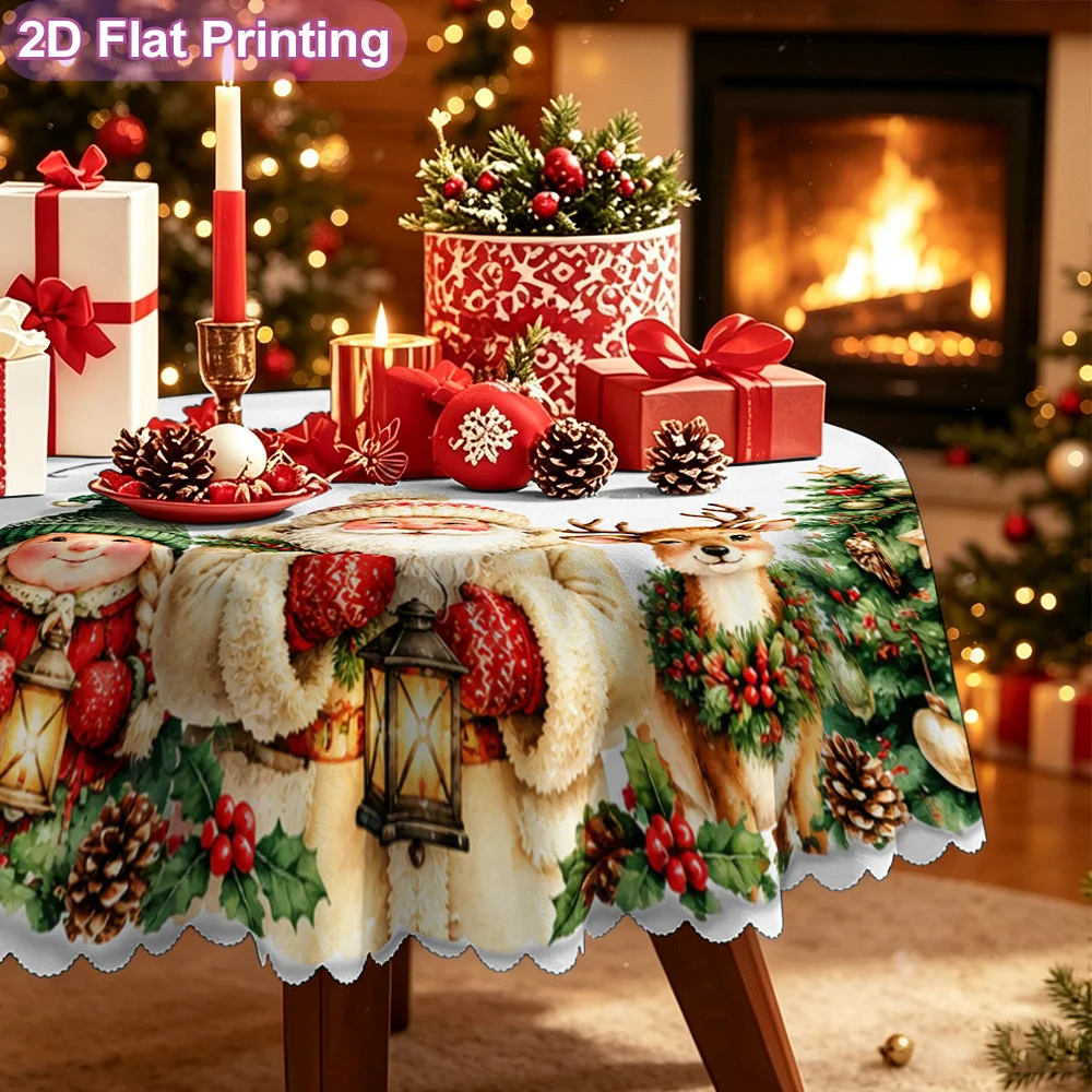 2D flat model 1 piece round tablecloth, Santa friends Christmas scene pattern - holiday family dinner