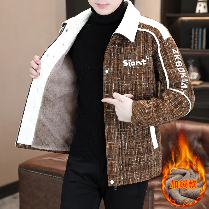 Fashion Men's Slim Fit Turn-Down Collar Fleece Liner Jackets 2026 Autumn Winter Youth Plush Coat High Streetwear Thick Top Parka