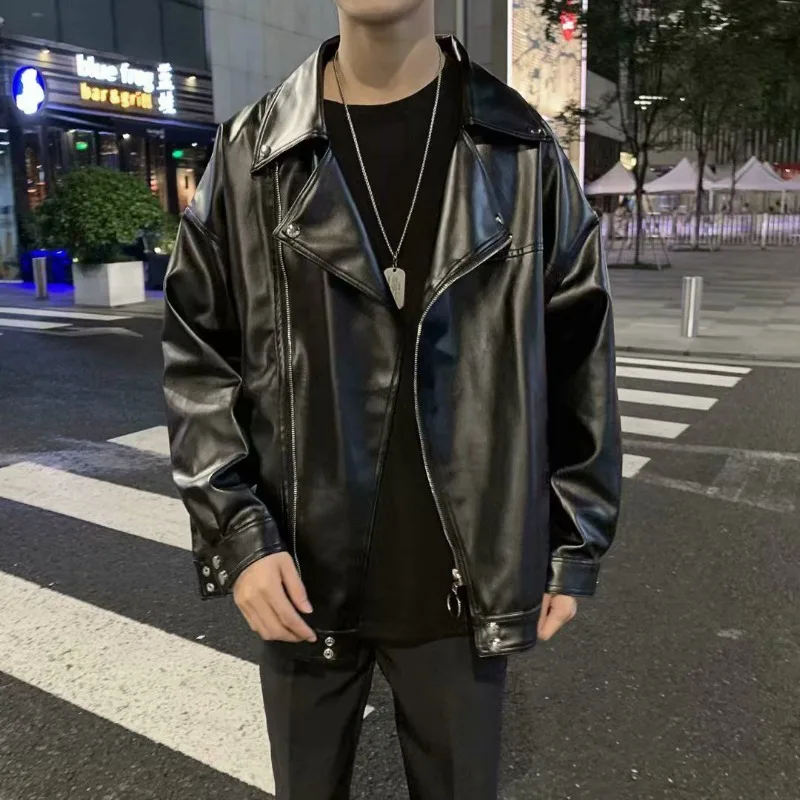 

Simple Leather Jacket Boys Trendy Harajuku Style Autumn Winter Youth Ins Winter Casual Loose Clothes