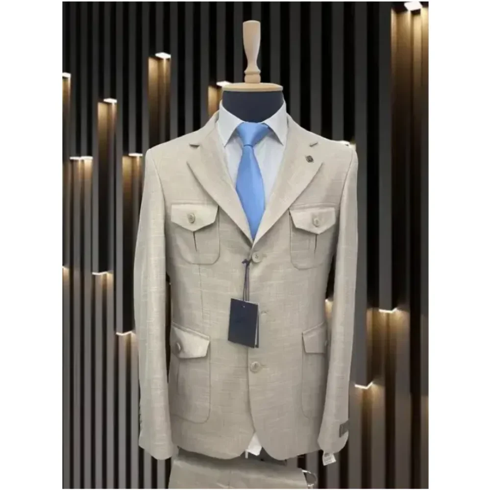 

Safari Men Suits Wedding Party Groom 2 Pieces Notch Lapel Costume Homme Wedding Jacket Men Closure Collar Slim Fit Business