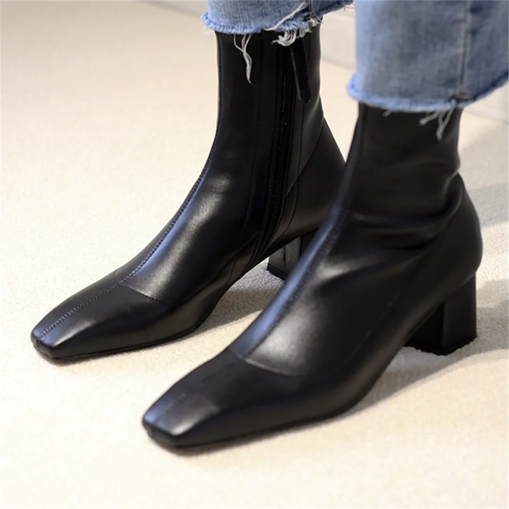 Fashion High Heels Dress Shoes Square Toe Bare Boots Black Booties Thick Heeled Yarn Elastic Ankle Boots Ladies Shoes Botas