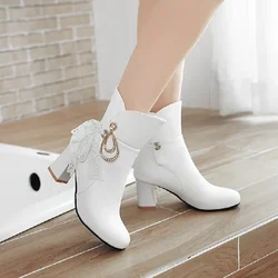 2024 White Ladies Ankle Boots Autumn Square Mid Heels Female Round Toe PU Leather Boots Ladies Casual Slip Women Shoes Boots