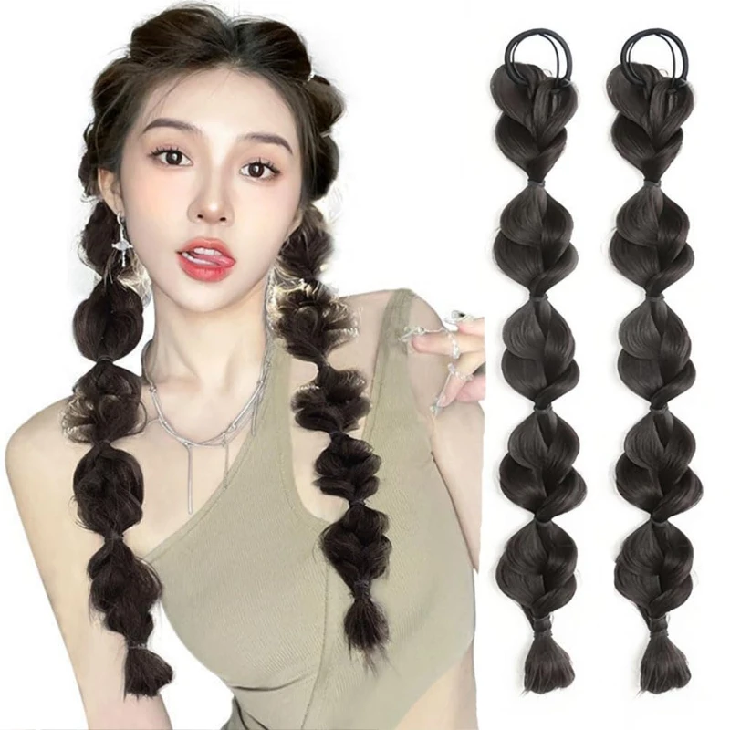 Extensiones de cabello de burbujas de moño de una pieza, cola de caballo de linterna con lazo de pelo, sintético para mujeres y niñas postizo, pelucas trenzadas