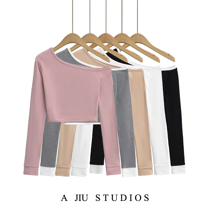 セクシーな肩出しロングスリーブTシャツ レディース スリムフィット ベースシャツ オルト スプリングファッションデザイン カジュアル ストリートウェア