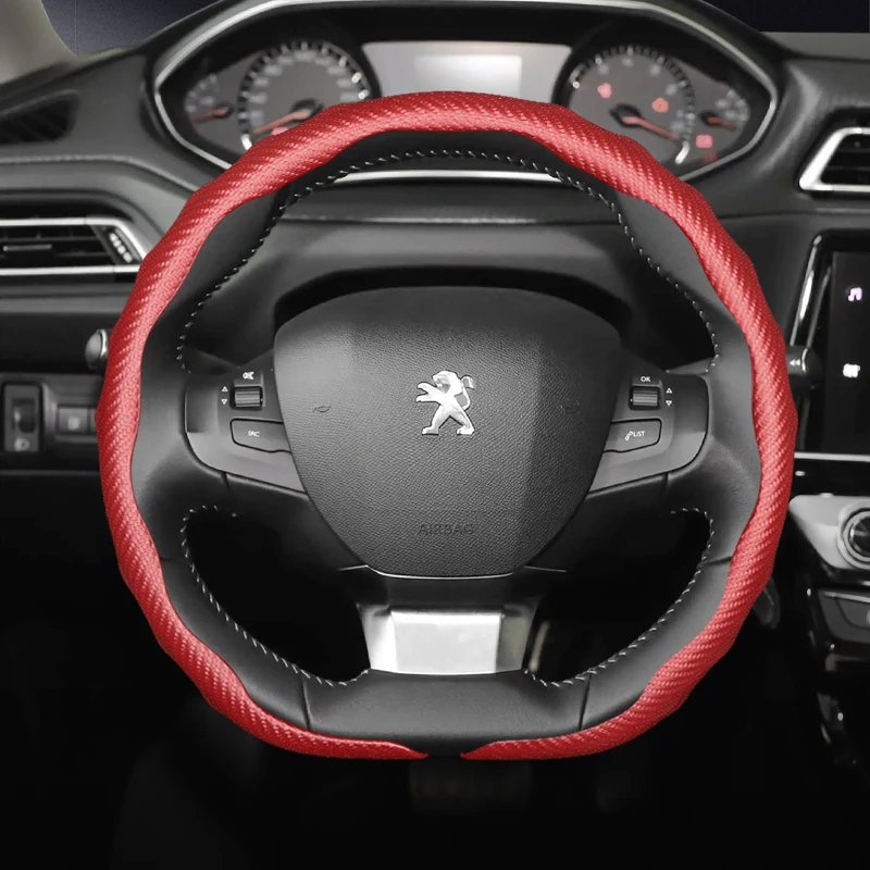 Suitable for Peugeot Carbon Fiber Texture Steering Wheel Cover Snap-On Wavy Sports Design Protective Shell for Models 208 308 3008 Partner Expert Boxer Rifter 2008 E-208 Gti Traveller, Etc., in Red, Black, and White