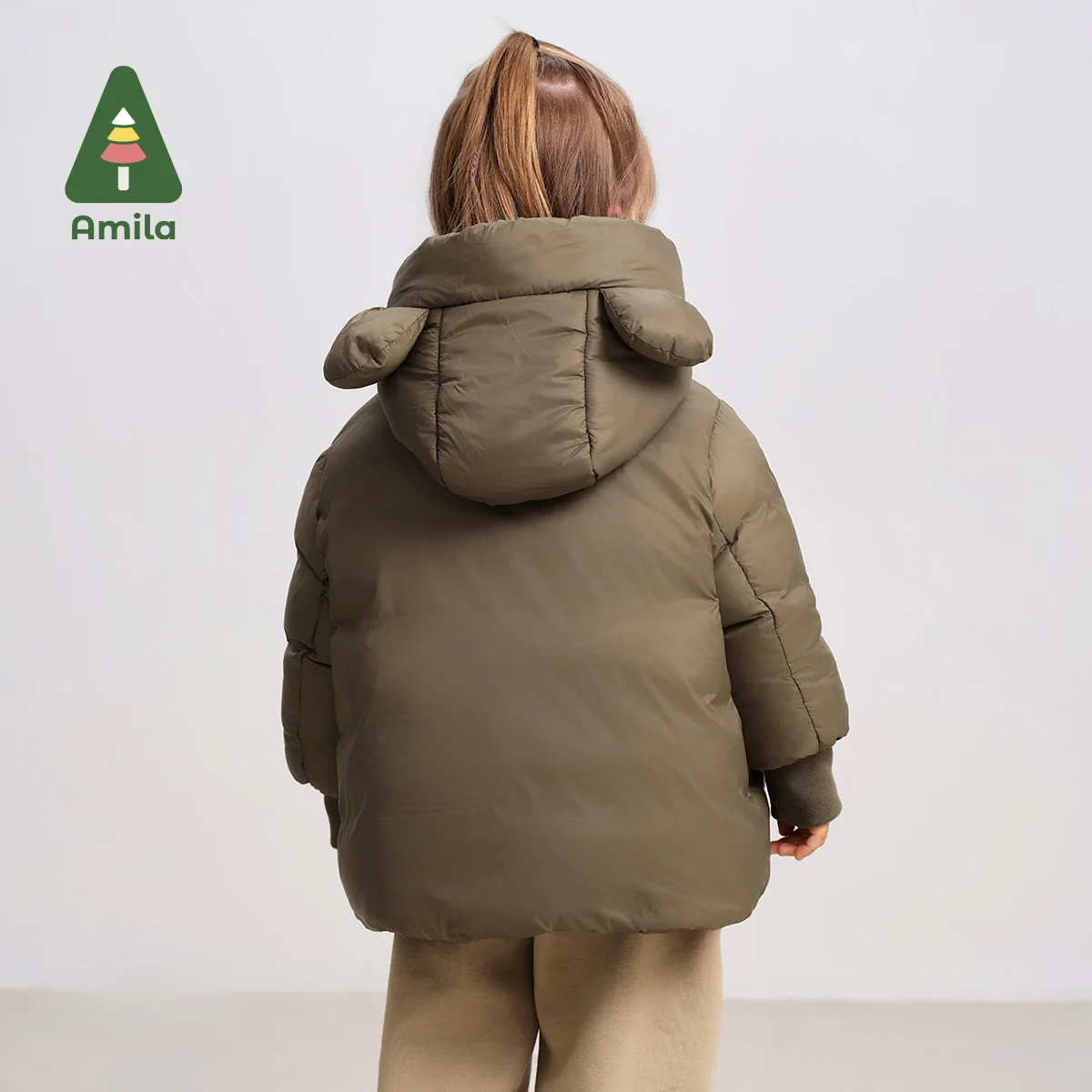 Amila Baby Down Jacket 2024 Winter New Style Boys And Girls Solid Color Bear Hooded Basic Warm Loose Casual Children’s Jacket