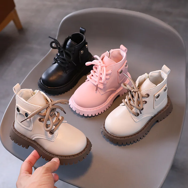 Toddler Boys Girls Ankle Boots Autumn Lace-Up Side Zipper Combat Booties Non-Slip Rubber Sole Casual Short Boots for Little Kids