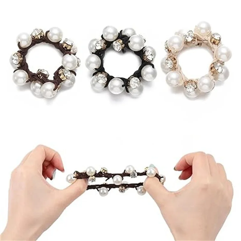 3pcs Paux Pearl Brimmed Hair Tie Glitter Rhinestone Decor Hair Rope Retro Style Scrunchies For Women